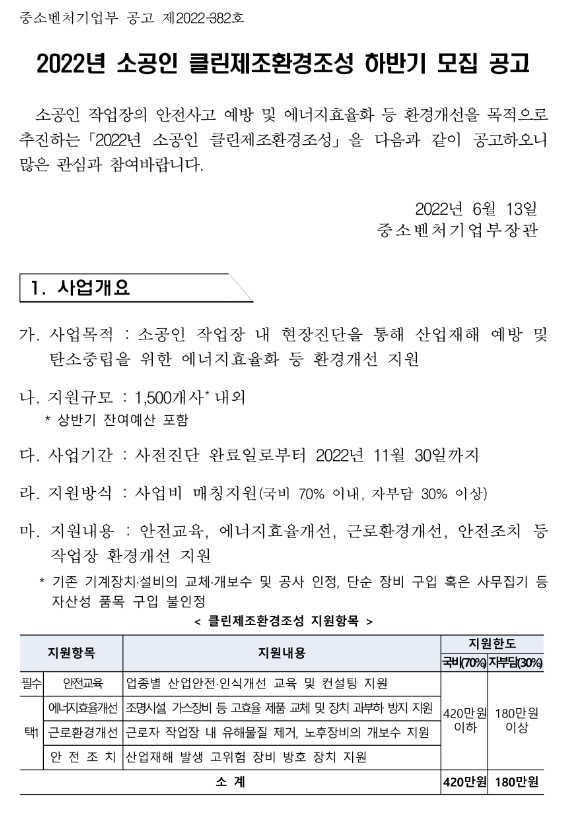 2022년 하반기 소공인 클린제조환경조성 모집 공고_중소벤처기업부