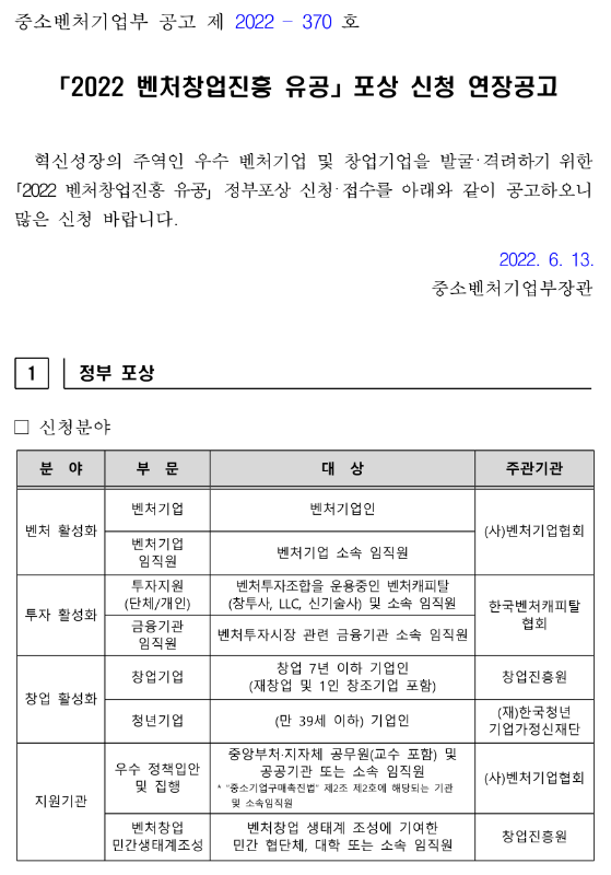 2022년 벤처창업진흥 유공 포상 신청 연장 공고_중소벤처기업부 2022년 벤처창업진흥 유공 포상 신청 연장 공고_중소벤처기업부