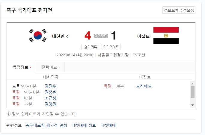  오늘 한국이랑 이집트 평가전을 했다 ㅎㅎ