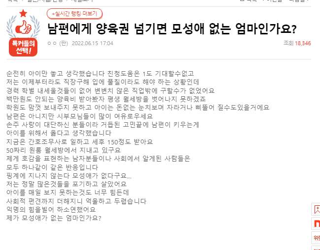 남편에게 양육권 넘기면 모성애 없는 엄마인가요? 남편에게 양육권 넘기면 모성애 없는 엄마인가요?