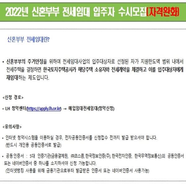  자격완화된 LH 신혼부부 전세임대 주택 I , II 공고 요약