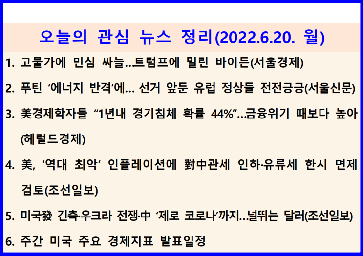  (2022.6.20. 月) 러-우크라 전쟁, 정치가 만든 (경제)위기 정치로 해결 필요(글로벌 물가급등 → 급격한 통화긴축 → 경기침체, 서방 지도자 정치적 위기 → 해결 총력)