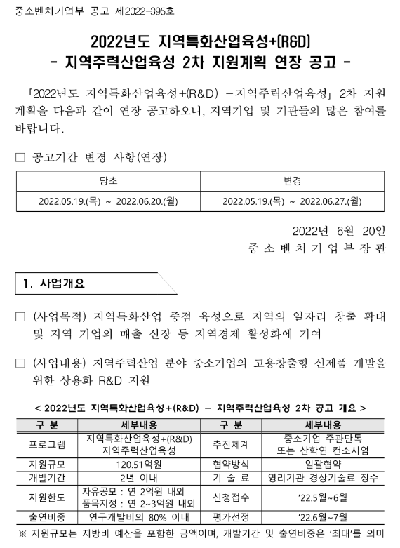 2022년 2차 지역특화산업육성+(R&D) 지역주력산업육성 지원계획 연장 공고