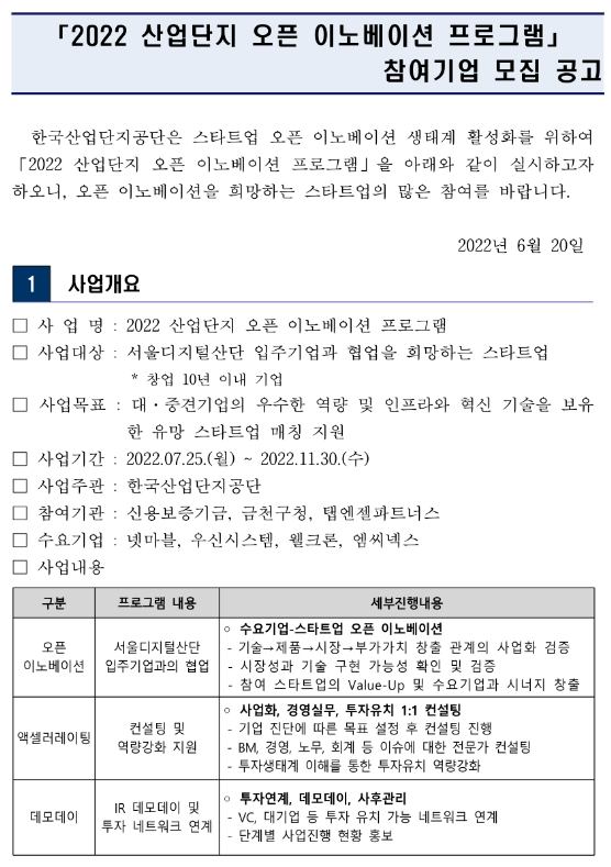 2022년 산업단지 오픈 이노베이션 프로그램 참여기업 모집 공고