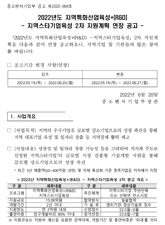 2022년 2차 지역특화산업육성+(R&D) 지역스타기업육성 지원계획 연장 공고 2022년 2차 지역특화산업육성+(R&D) 지역스타기업육성 지원계획 연장 공고