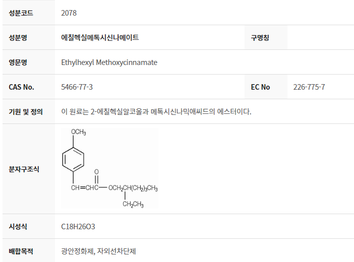  [화장품성분] 에칠헥실메톡시신나메이트
