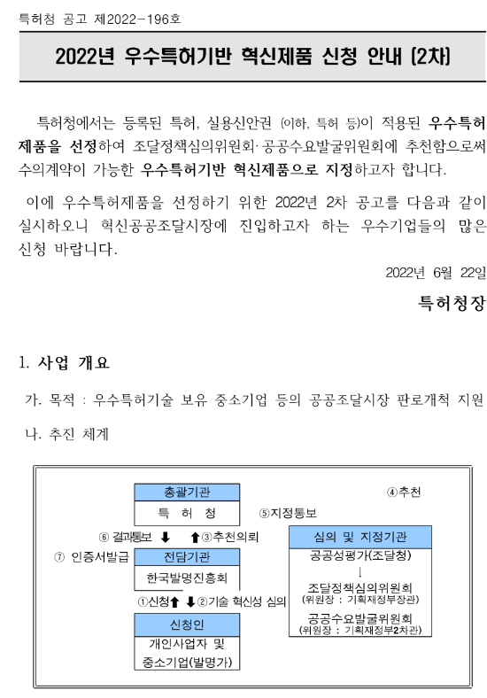 2022년 2차 우수특허기반 혁신제품 신청 공고