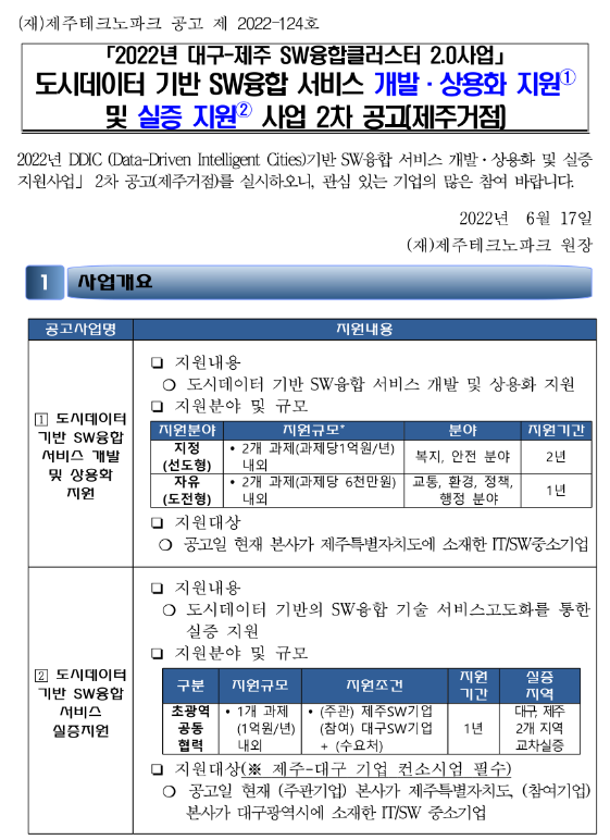 [대구ㆍ제주] 2차 도시데이터 기반 SW융합 서비스 개발ㆍ상용화 지원 및 실증 지원 사업 제주거점 공고(SW융합클러스터 2.0사업)