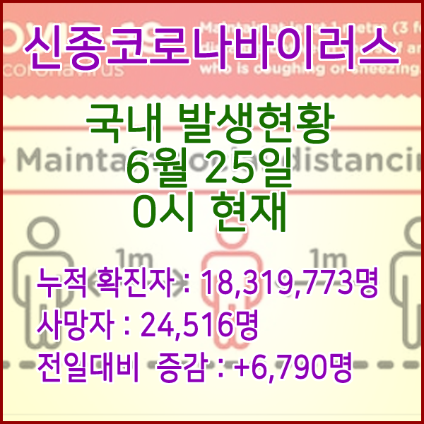  코로나19(코로나바이러스) 6월 25일 0시 신규확진자 6,790명 / 사망자 24,516명