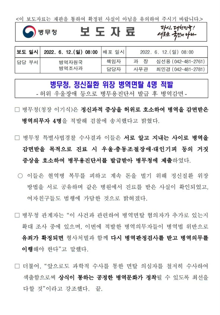 정신질환 위장 병역면탈 혐의자 4명 적발 병무청 병역법 제86조 형법 제31조 교사범 제32조 종범 방조죄