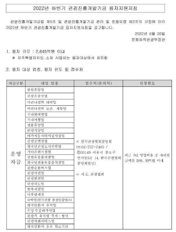 2022년 하반기 관광진흥개발기금 융자지원지침 공고_문화체육관광부 2022년 하반기 관광진흥개발기금 융자지원지침 공고_문화체육관광부