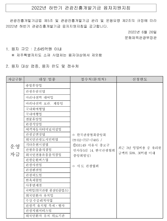 2022년 하반기 관광진흥개발기금 융자지원지침 공고_문화체육관광부