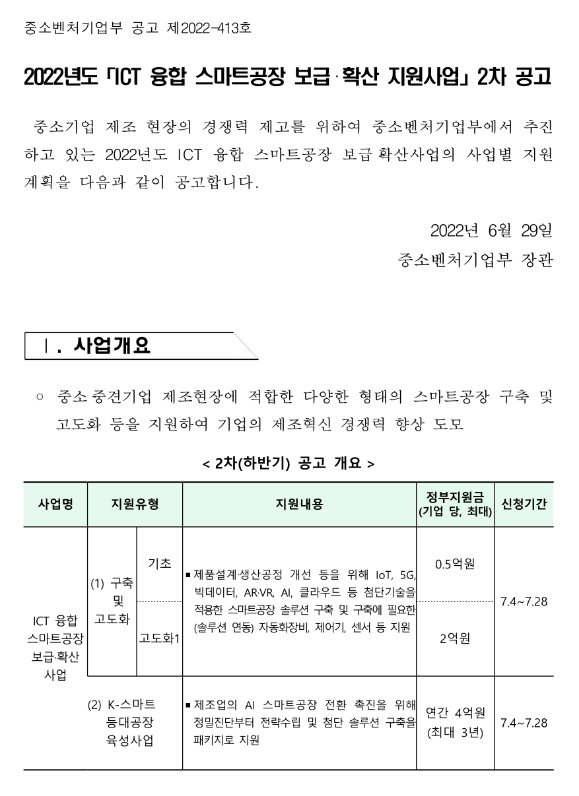 2022년 2차 ICT 융합 스마트공장 보급ㆍ확산 지원사업 참여기업 모집 공고 2022년 2차 ICT 융합 스마트공장 보급ㆍ확산 지원사업 참여기업 모집 공고