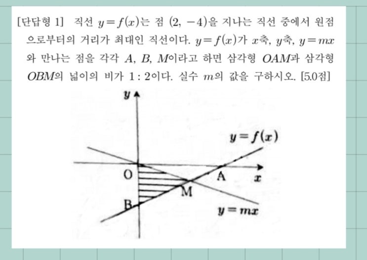  (고1수학-1학기기말)인천국제고2021기출-원점에서 직선까지의 거리의 최댓값+두직선이수직+넓이의비와내분점 연계
