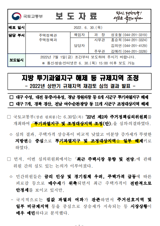  지방 투기 과열지구 해제 등 규제지역 조정 발표(국토교통부)