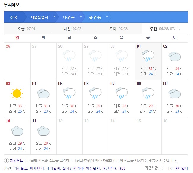  7월 장마 날씨1일 2,3,4,5,6,7,8,9,10일 일기예보(서울 대전 대구 부산 찍고 광주 구미 인천까지)