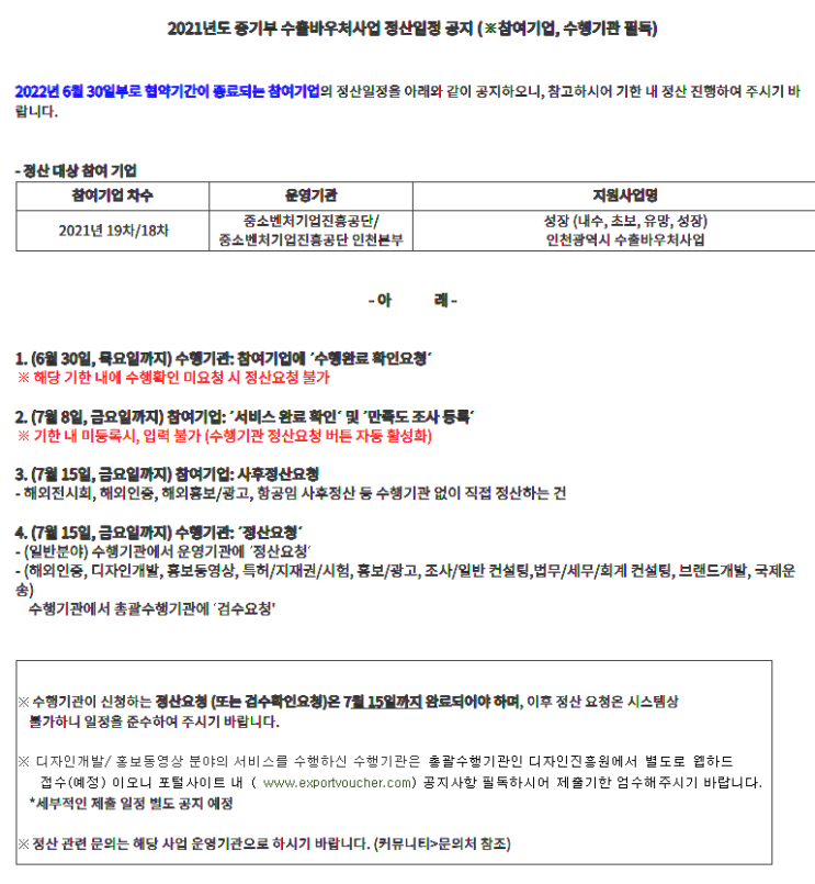  2021년 중기부 수출바우처사업 정산일정 공지 확인하세요!