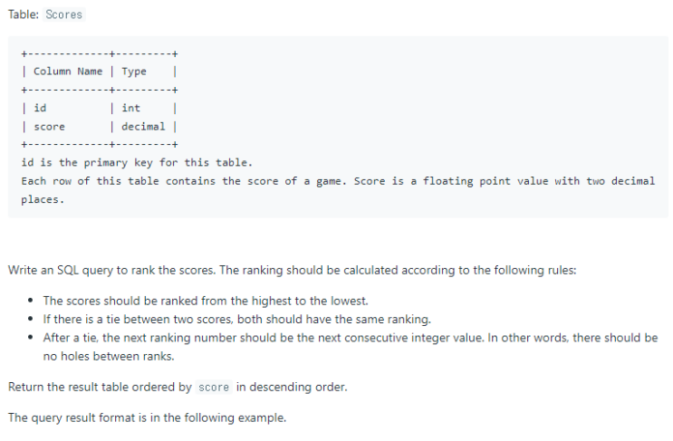  SQL 문제 38 - Rank Scores LeetCode 178