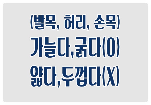 헷갈리는 맞춤법 발목 허리 손목이 가늘다 굵다 O 얇다 두껍다 X 헷갈리는 맞춤법 발목 허리 손목이 가늘다 굵다 O 얇다 두껍다 X