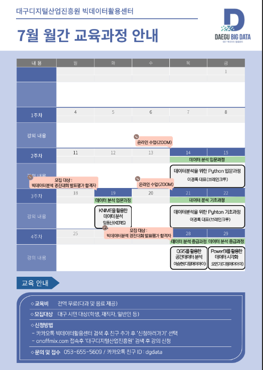 [대구] 2022년 7월 빅데이터활용센터 교육 안내