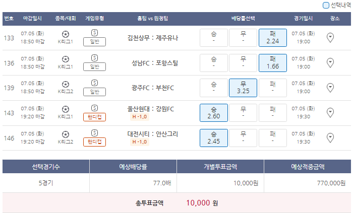  7월5일 K리그1 K리그2 축구 스포츠 토토 프로토 승부식 54회차 분석 기록용