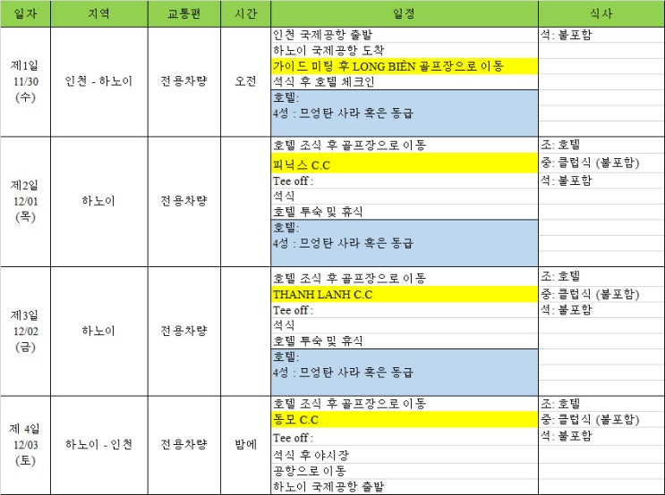 2022년 11월 30일 하노이 골프투어 8명 3박 4일 일정 견적 [미래트래블]