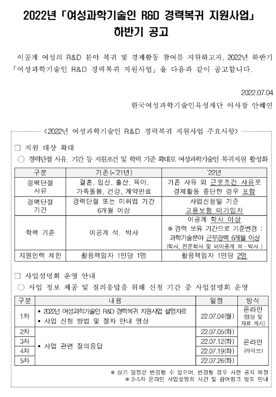2022년 하반기 여성과학기술인 R&D 경력복귀 지원사업 모집 공고 2022년 하반기 여성과학기술인 R&D 경력복귀 지원사업 모집 공고