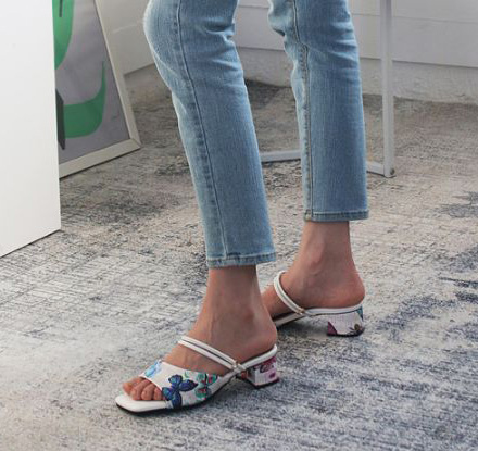  플라워 슬림 투밴딩 콤비 4cm 하이힐 슬리퍼