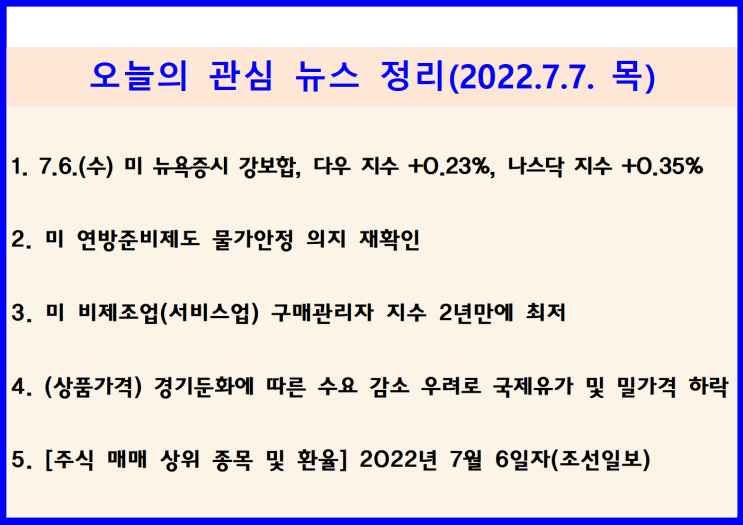 (2022.7.7. 木) 7.6.(수) 미 연방준비제도 물가안정 의지 재확인, 경기둔화 우려 국제유가 하락 ↦ 미 뉴욕증시 강보합(다우 +0.23%, 나스닥 +0.35%)