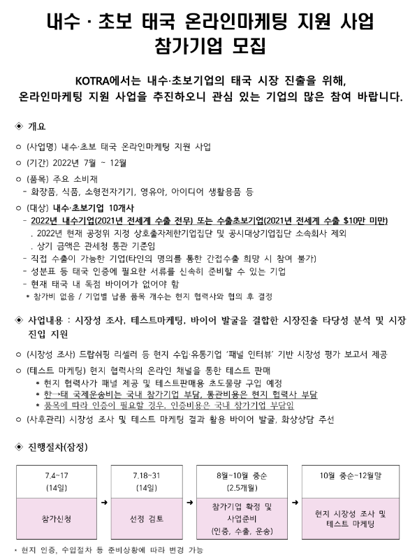 2022년 소비재 내수ㆍ초보기업 태국 온라인마케팅 지원사업 모집 공고 2022년 소비재 내수ㆍ초보기업 태국 온라인마케팅 지원사업 모집 공고
