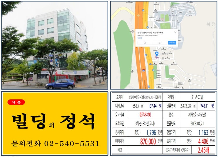 [성남시 수정구 동서울대학교 80억 빌딩 실거래가 조회] 복정동 689-9,10 (가천대역) 87억 원, 평당 4,406만 원 매매되었습니다. 성남 빌딩매매