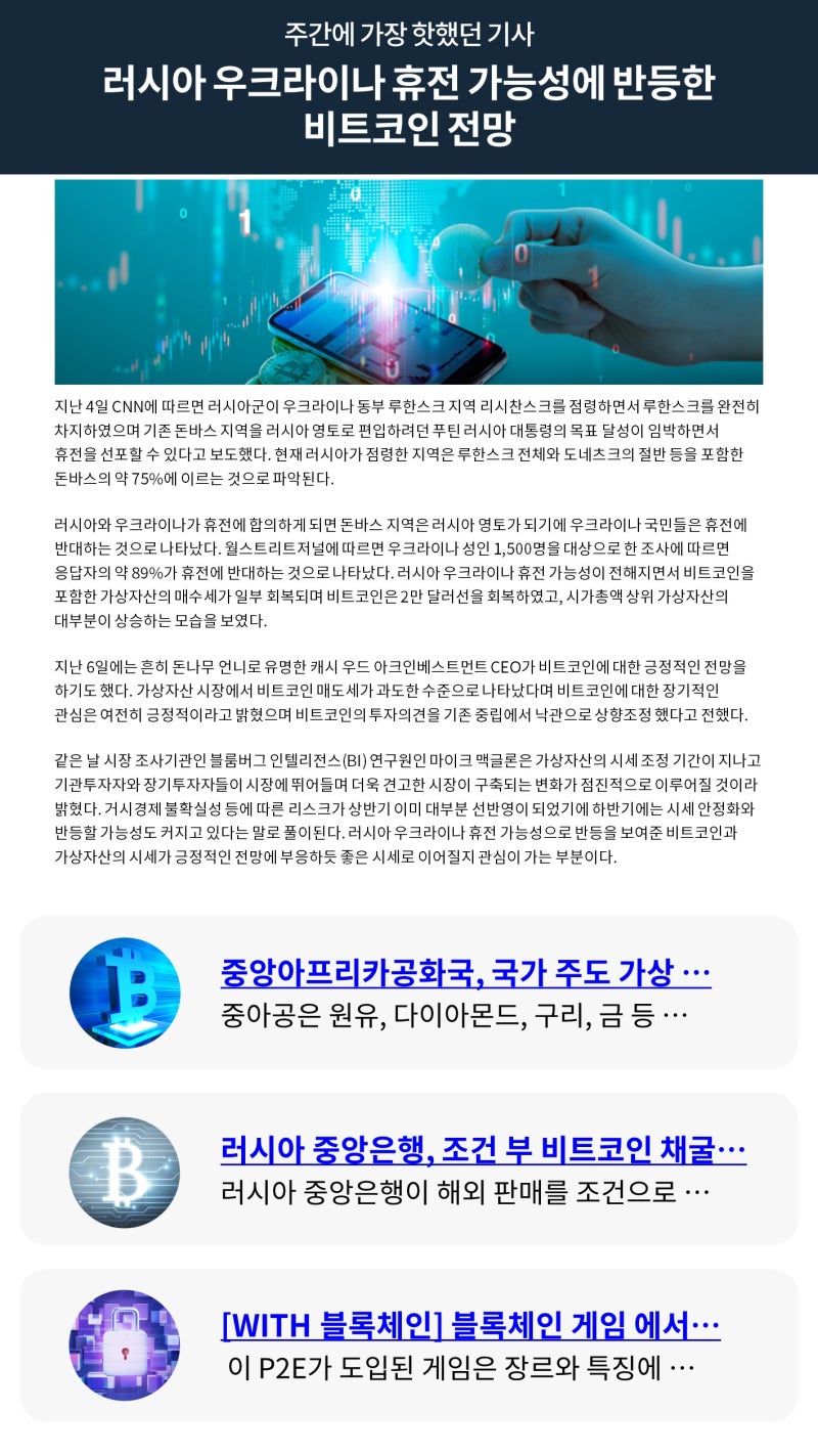 빗썸 위클리리포트] 러시아 우크라이나 휴전 가능성에 반등한 비트코인 전망 : 네이버 블로그