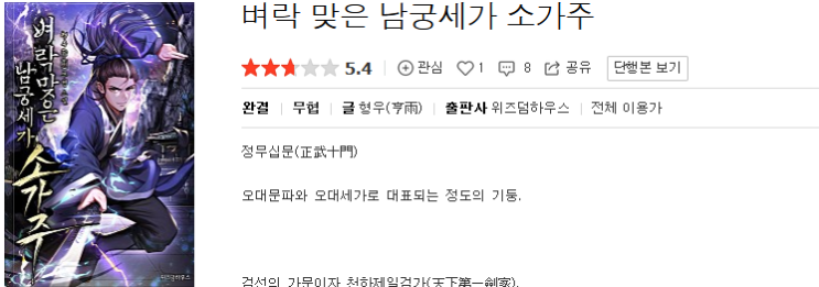  벼락 맞은 남궁세가 소가주 - 형우 : 평점 (1/10) // 쓰으으레기