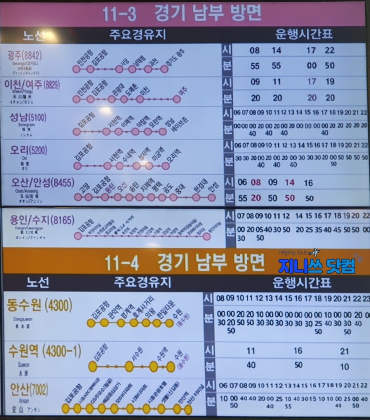  김포공항에서 경기남부 방면 시간표(오산, 안성, 수원, 용인, 수지, 오리, 성남, 이천, 여주, 광주, 동수원, 안산) 22.6.22 기준