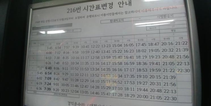 216번 버스 기다리면서 쓰는 <대전 216번 버스 최신 시간표>