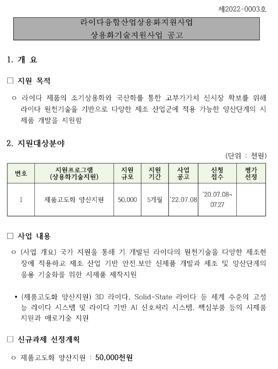 2022년 3차 라이다융합산업상용화지원사업(상용화기술) 참여기업 모집 공고 2022년 3차 라이다융합산업상용화지원사업(상용화기술) 참여기업 모집 공고
