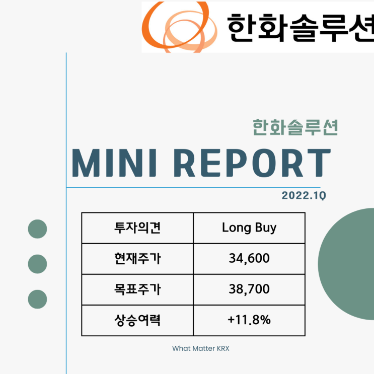  [Mini Report]태양광 패널의 효율 높이는 것이 목표 _한화솔루션(22.1Q) 주가전망