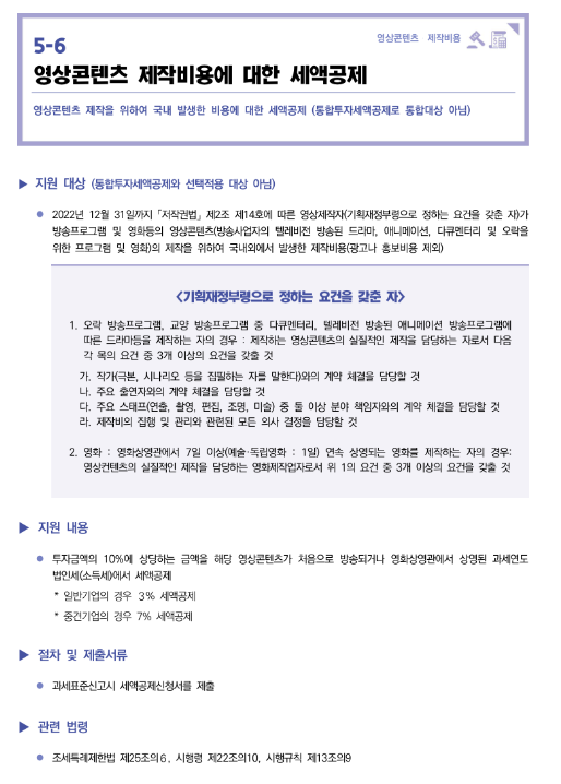 영상콘텐츠 제작비용에 대한 세액공제(2022년 중소기업 조세지원 안내) 영상콘텐츠 제작비용에 대한 세액공제(2022년 중소기업 조세지원 안내)
