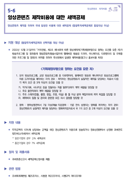 영상콘텐츠 제작비용에 대한 세액공제(2022년 중소기업 조세지원 안내)