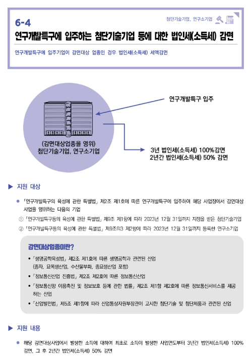 연구개발특구에 입주하는 첨단기술기업 등에 대한 법인세(소득세) 감면(2022년 중소기업 조세지원 안내)