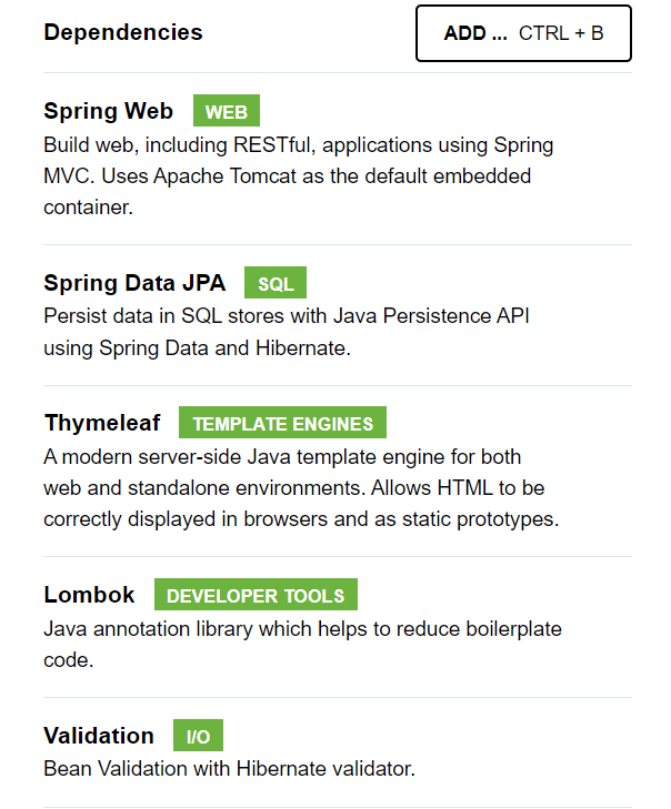  [Java] 웹 애플리케이션을 위한 spring boot dependencies 설정 - web, thymeleaf, jpa, lombok, validation 초간단 개념