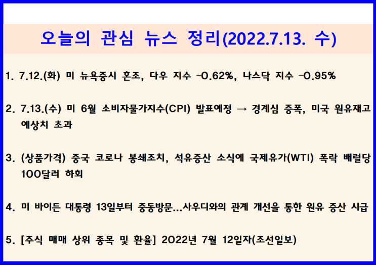  (2022.7.13. 水) 7.12.(화) 미-사우디 석유증산 선언 가능성, 유가 폭락, 물가지수(13일 발표) 경계 ↦ 미 증시 하락(다우 –0.62%, 나스닥 –0.95%)