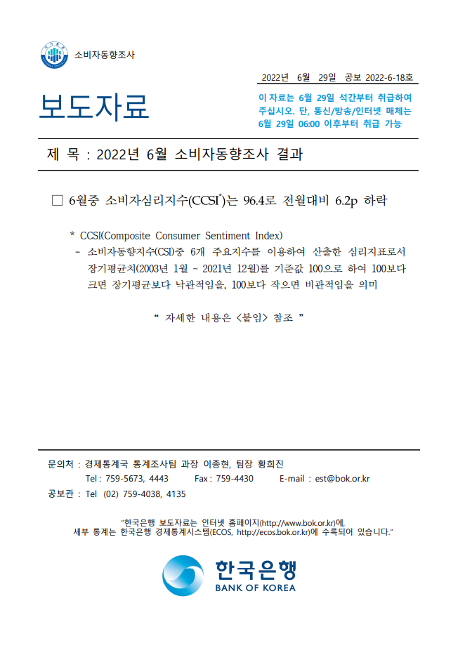 한국은행/2022.6월 소비자심리지수(CCSI)