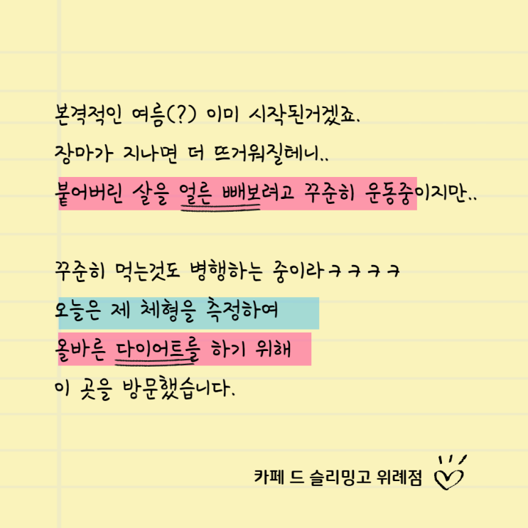  올여름, 붙어버린 살 빠른 다이어트가 필요합니다~(슬리밍고 위례점 체험후기 공유)