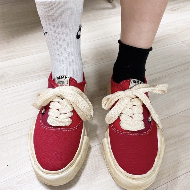 MMY 메종 미하라 야스히로 베이커 OG 솔 오버다이드 캔버스 로우탑 스니커 레드 반스오마쥬 37....