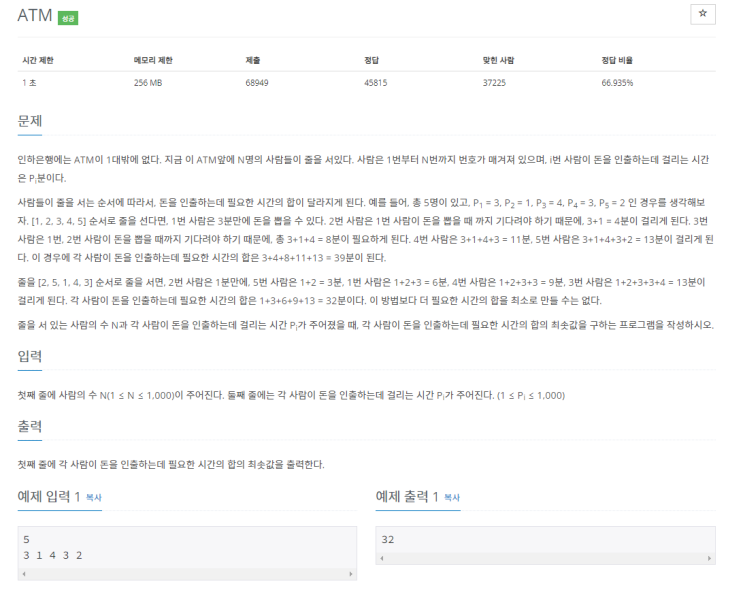  [자바] 백준알고리즘 11399번 ATM (S4)