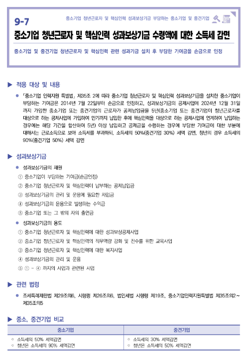 중소기업 청년근로자 및 핵심인력 성과보상기금 수령액에 대한 소득세 감면(2022년 중소기업 조세지원 안내) 중소기업 청년근로자 및 핵심인력 성과보상기금 수령액에 대한 소득세 감면(2022년 중소기업 조세지원 안내)