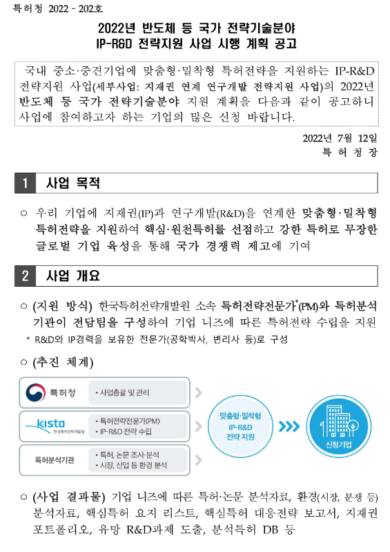 2022년 반도체 등 국가 전략기술분야 IP-R&D 전략지원사업 시행 계획 공고 2022년 반도체 등 국가 전략기술분야 IP-R&D 전략지원사업 시행 계획 공고