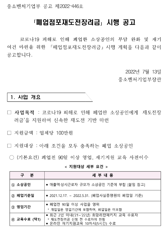2022년 폐업점포재도전장려금 시행 공고 2022년 폐업점포재도전장려금 시행 공고