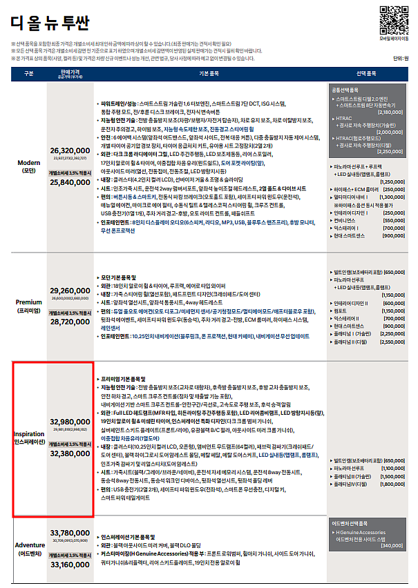 2023 투싼 1.6 가솔린 터보 인스퍼레이션 장기렌트 모의견적, 가격표, 생산일정, 즉시출고